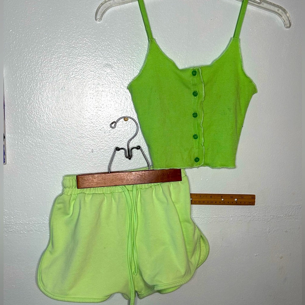 Light green button up tank top and shorts combo